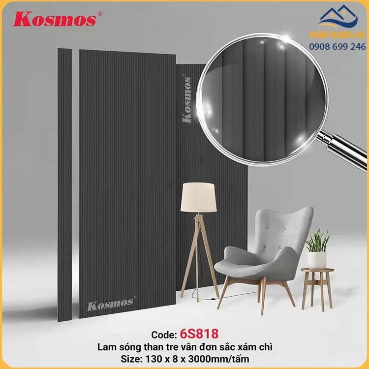 Tấm Ốp Lam Sóng Than Tre Đơn Sắc Xám Kosmos 6S818