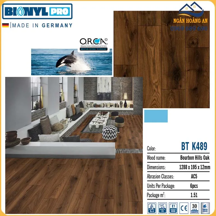 Sàn Gỗ Công Nghiệp Binyl Đức BT K489 Cốt Đen Dày 12mm