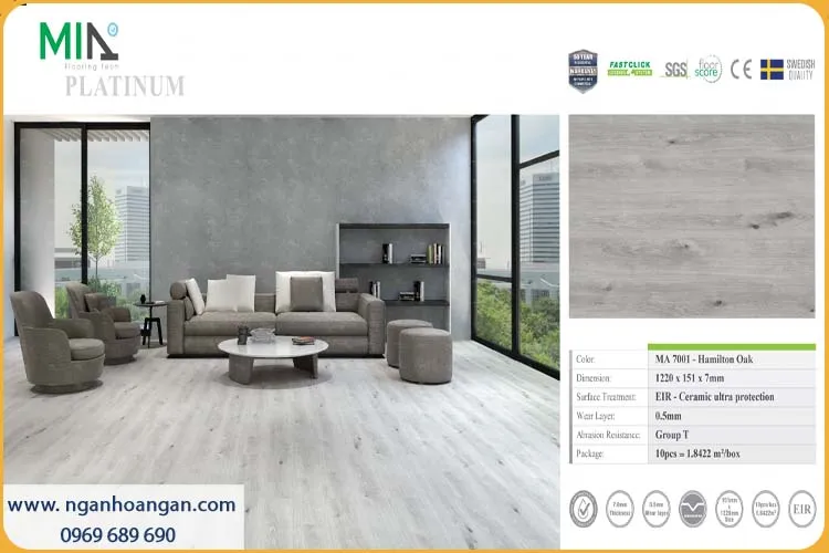 Sàn Nhựa Giả Gỗ Vinyl Hèm Khóa MIA MA 7001 Đế Cao Su 7mm