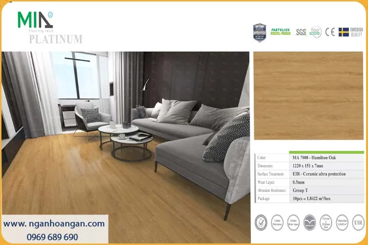 Sàn Nhựa Giả Gỗ Vinyl Hèm Khóa MIA MA 7008 Đế Cao Su 7mm