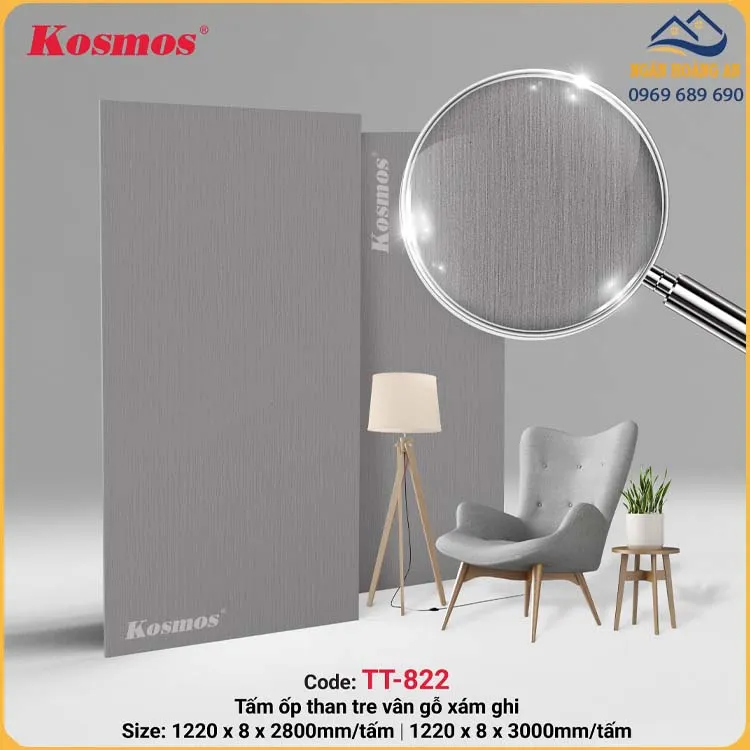 Tấm Ốp Đa Năng Sợi Than Tre Vân Gỗ Xám Kosmos TT-822