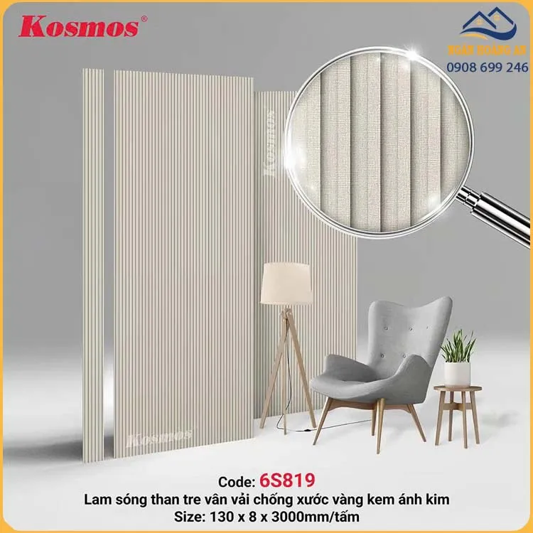 Tấm Ốp Lam Sóng Than Tre Kosmos 6S819 Vân Vải Vàng Ánh Kim