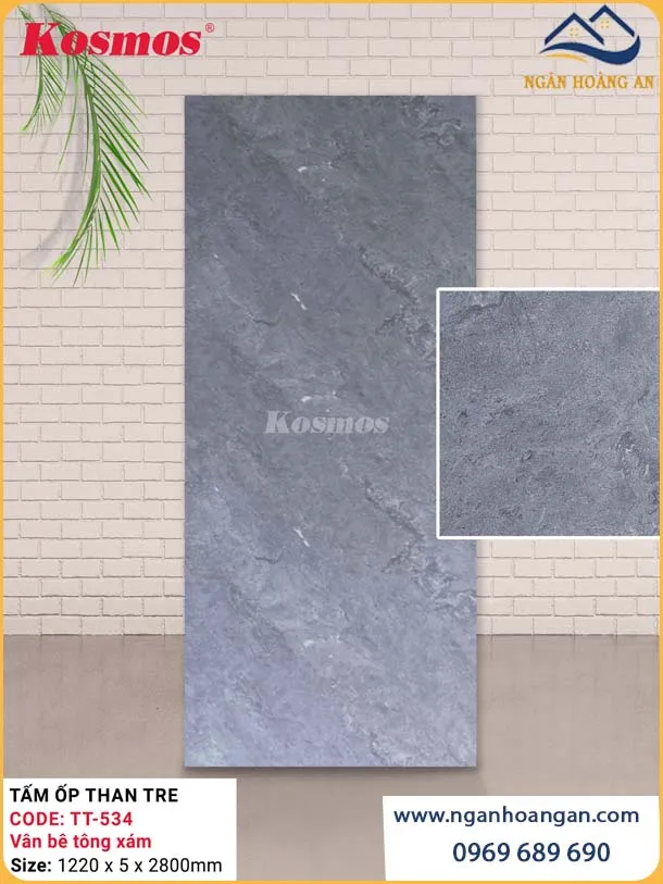 Tấm Ốp Sợi Than Tre Kosmos TT-534 Vân Bê Tông Xám Dày 5mm