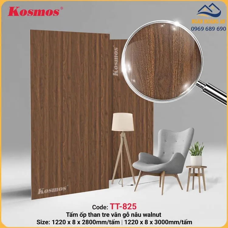 Tấm Ốp Đa Năng Sợi Than Tre Vân Gỗ Nâu Walnut Kosmos TT-825