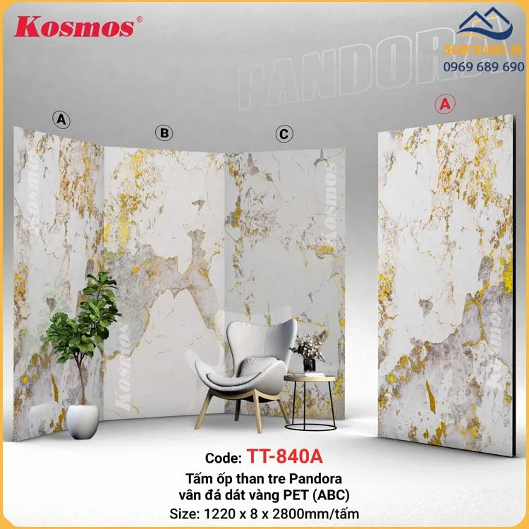 Tấm Ốp Đa Năng Sợi Than Tre Pandora Vân Đá Dát Vàng Kosmos TT-840