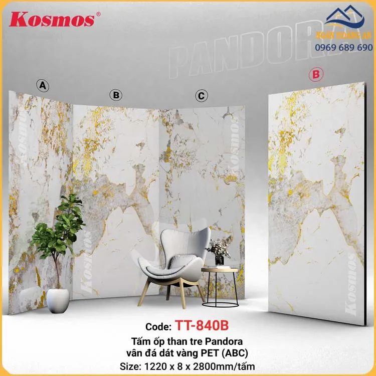 Tấm Ốp Đa Năng Sợi Than Tre Pandora Vân Đá Dát Vàng Kosmos TT-840
