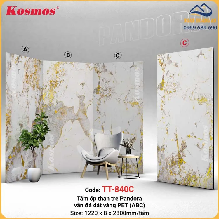 Tấm Ốp Đa Năng Sợi Than Tre Pandora Vân Đá Dát Vàng Kosmos TT-840