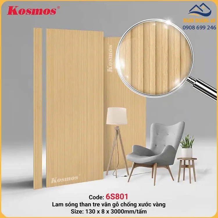 Tấm Ốp Lam Sóng Than Tre Kosmos Vân Gỗ Vàng 6S801
