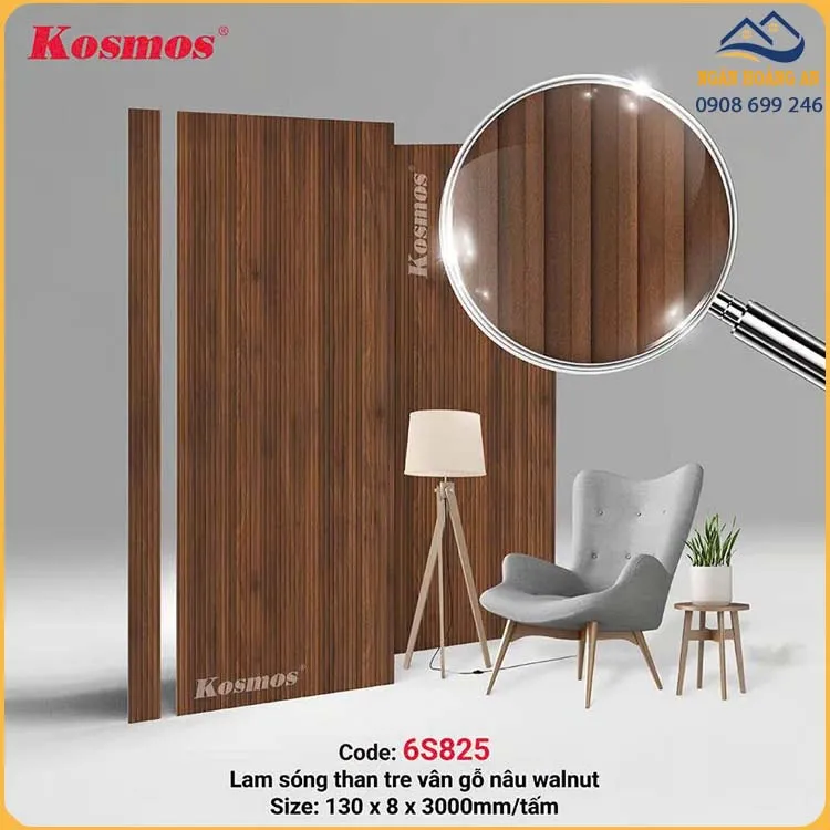 Tấm Ốp Than Tre Lam Sóng Kosmos 6S825 Vân Gỗ Nâu Walnut 