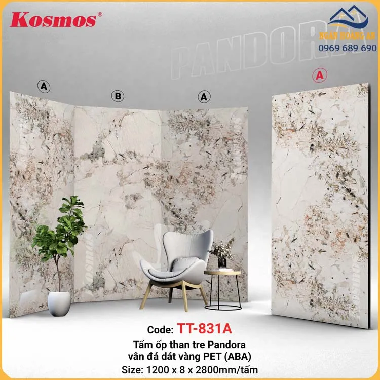 Tấm Ốp Tường Sợi Than Tre Pandora Vân Đá PET Kosmos TT-831