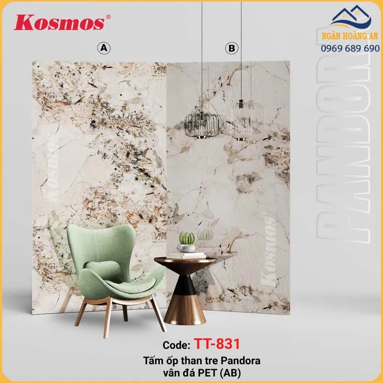 Tấm Ốp Tường Sợi Than Tre Pandora Vân Đá PET Kosmos TT-831