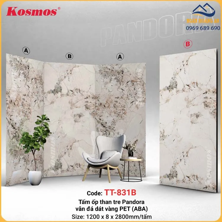 Tấm Ốp Tường Sợi Than Tre Pandora Vân Đá PET Kosmos TT-831