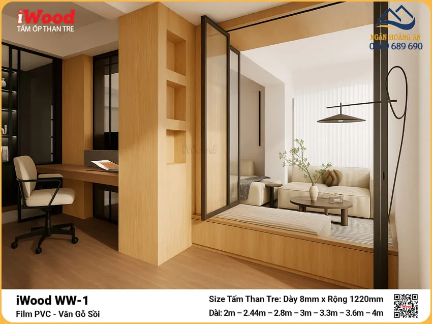 Tấm Ốp Sợi Than Tre Vân Gỗ Sồi Trắng White Oak iWood WW-1