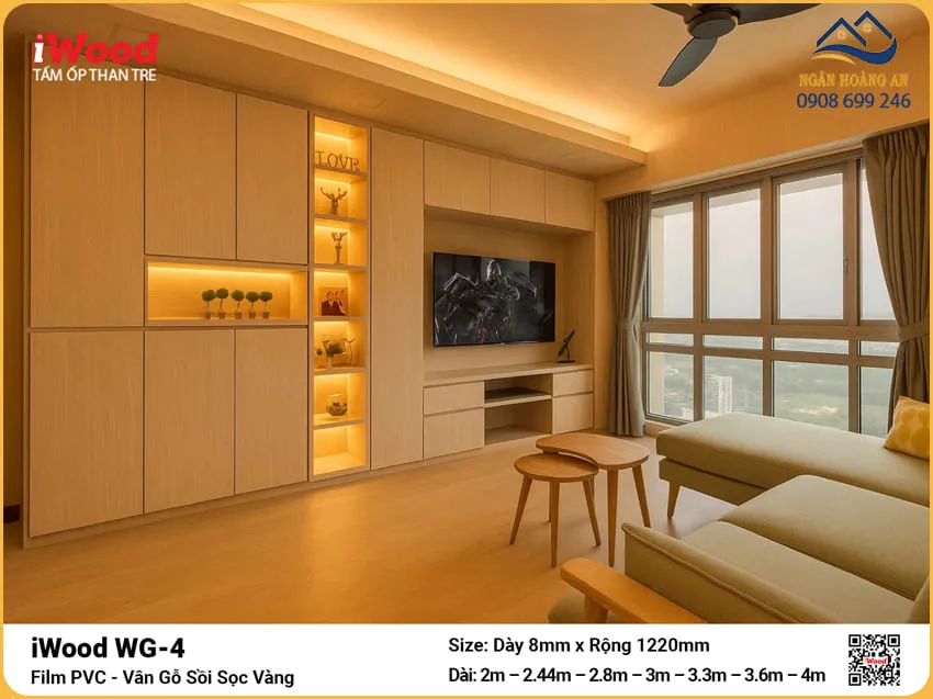 Ốp Trần Sợi Than Tre Đa Năng Vân Gỗ Sòi Sọc Vàng iWood WG-4