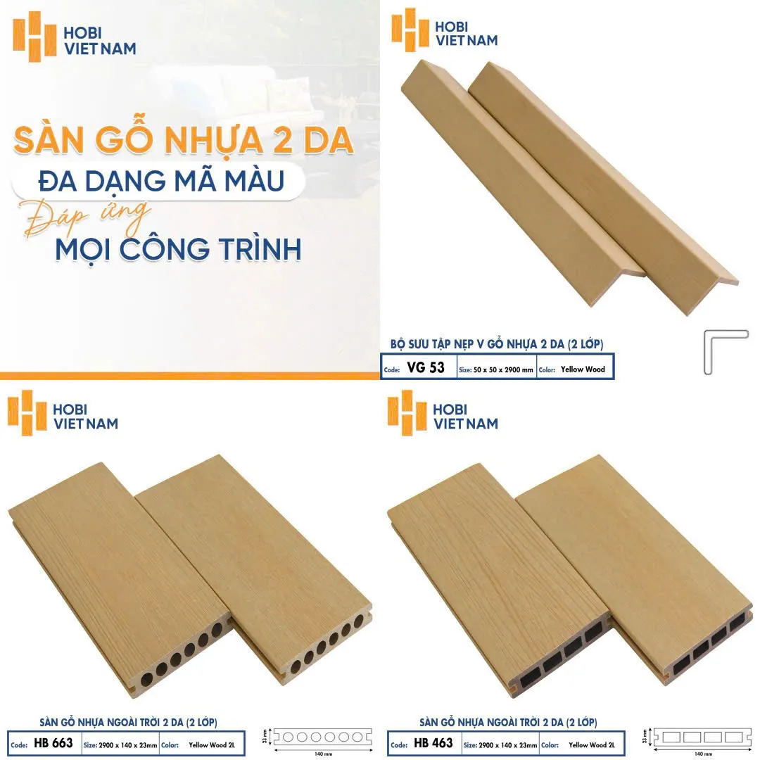 Nẹp Chữ V Gỗ Nhựa Ngoài Trời 2 Da Hobiwood VG53 Yellow Wood