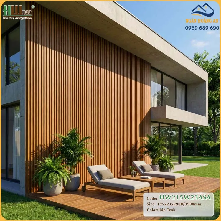 Tấm Ốp Lam Sóng Gỗ Nhựa Ngoài Trời Phủ ASA Hwood HW215W23ASA Bio-Teak
