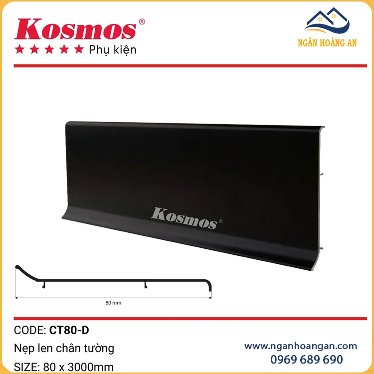 Nẹp Len Chân Tường Nhôm Kosmos 80mm CT80-D Màu Đen