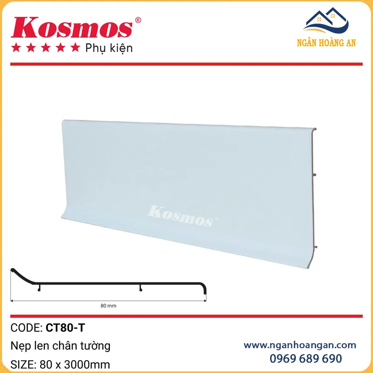 Nẹp Len Chân Tường Nhôm Kosmos 80mm CT80-T Màu Trắng