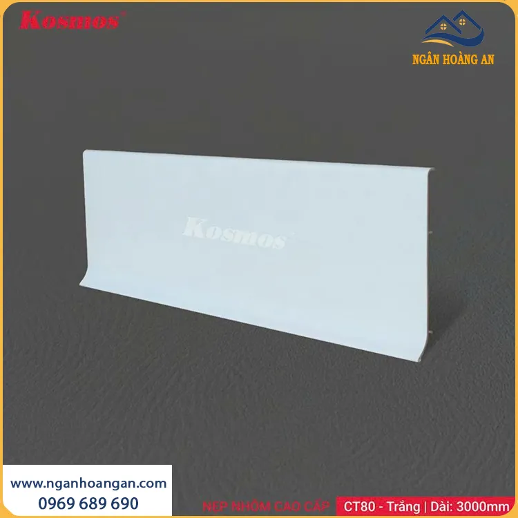 Nẹp Len Chân Tường Nhôm Kosmos 80mm CT80-T Màu Trắng