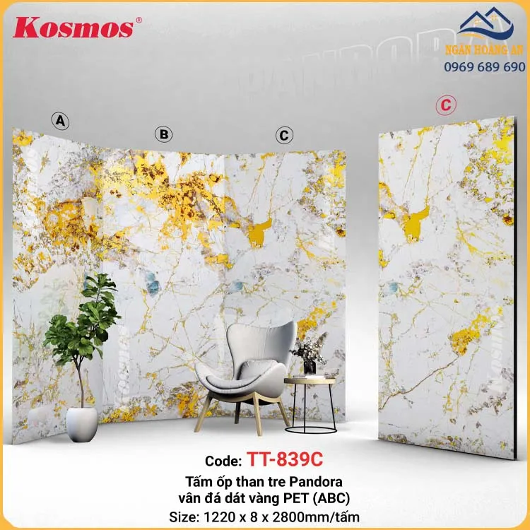 Tấm Ốp Than Tre Pandora Vân Đá Dát Vàng PET Kosmos TT-839