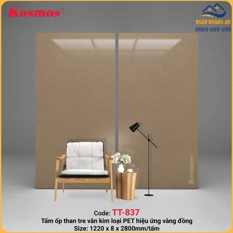 Tấm Ốp Tường Than Tre Kosmos Vân Kim Loại PET Xước Vàng Đồng TT-837