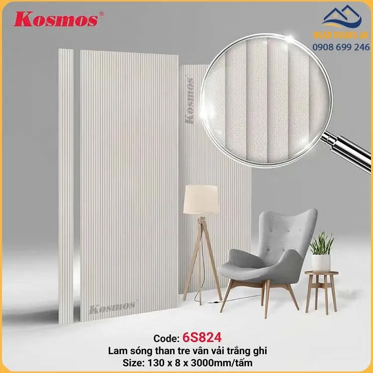Tấm Ốp Lam Sóng Than Tre Vân Vải Trắng Ghi Kosmos 6S824