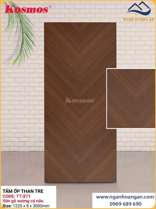 Tấm Ốp Tường Sợi Than Tre Vân Gỗ Xương Cá Nâu Kosmos TT-871