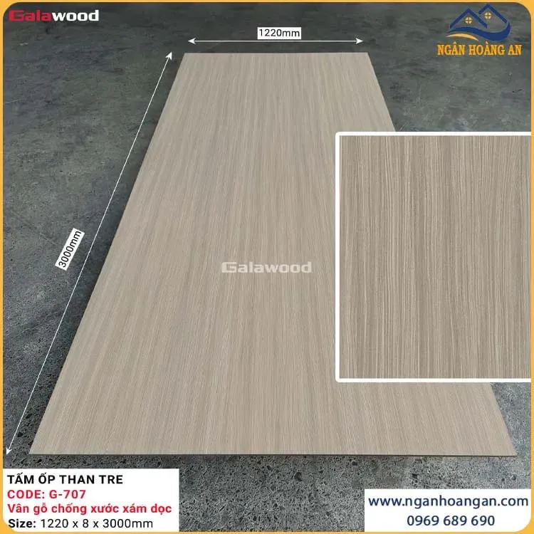Tấm Ốp Tường Than Tre Galawood 8mm G-707 Vân Gỗ Chống Xước Xám Dọc