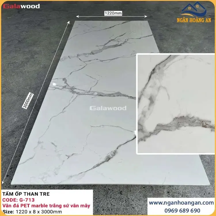 Tấm Ốp Than Tre Galawood Vân Đá PET Marble Trắng Sứ Vân Mây G-713