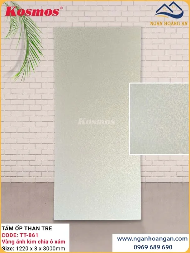Tấm Ốp Than Tre Kosmos TT-861 Vân Vải Vàng Ánh Kim Chia Ô Xám