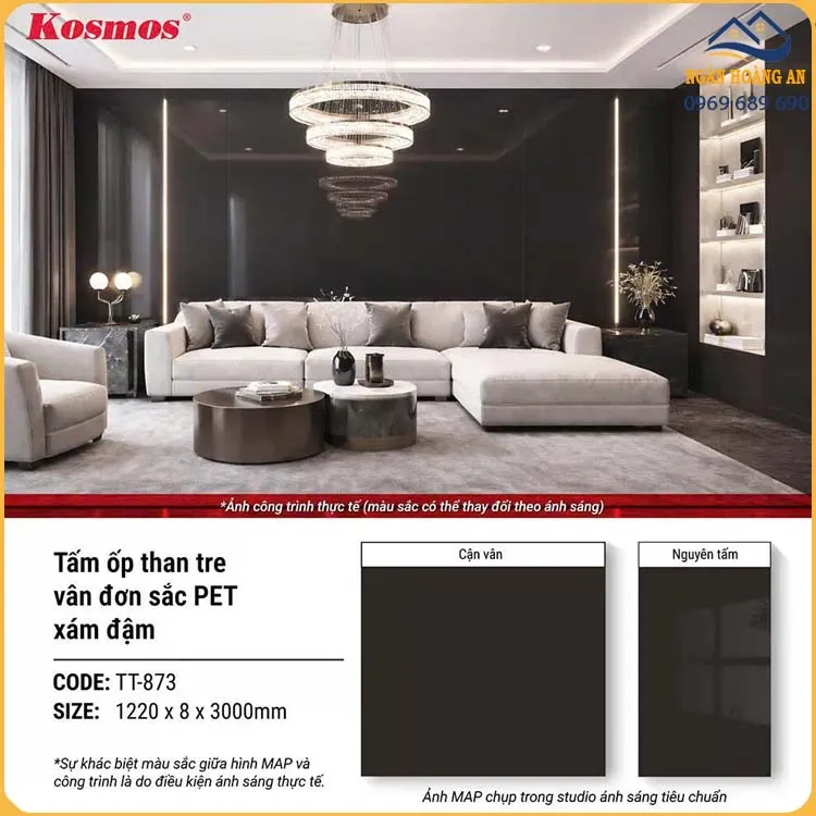 Tấm Ốp Đa Năng Than Tre Kosmos TT-873 Vân Đơn Sắc Pet Xám Đậm
