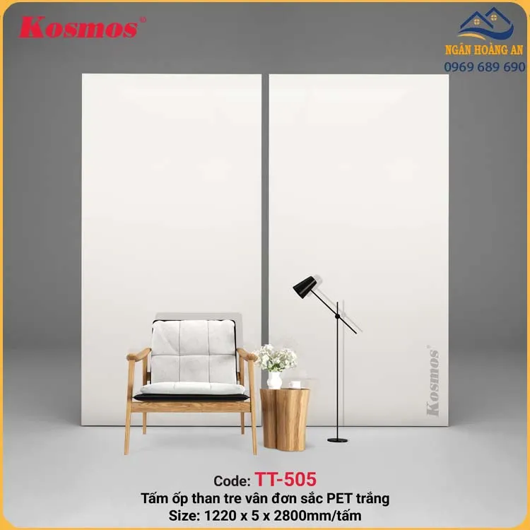 Tấm Ốp Than Tre Vân Đá PET Trắng Kosmos TT-505 Dày 5mm