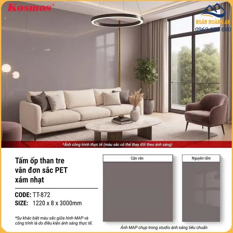 Tấm Ốp Tường Than Tre Vân Đơn Sắc PET Xám Nhạt Kosmos TT-872