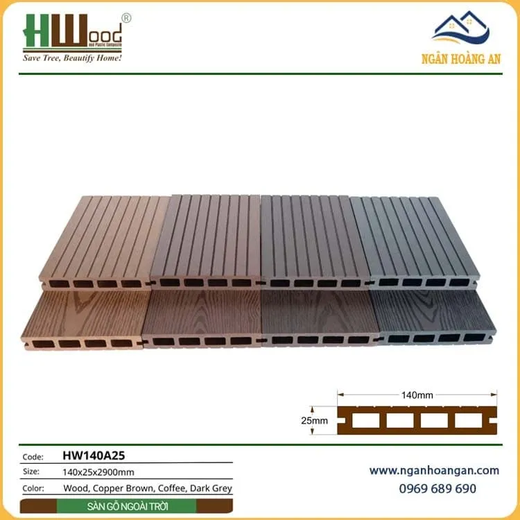 Sàn Gỗ Nhựa Ngoài Trời Lỗ Vuông Hwood HW140A25 Coffee