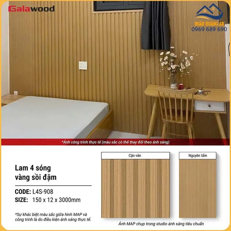 Tấm Nhựa Ốp Tường Trần Lam 4 Sóng Giả Gỗ Galawood L4S-908