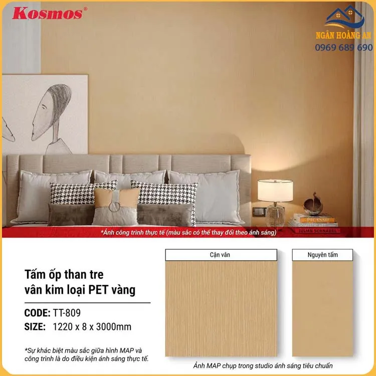 Tấm Ốp Than Tre Kosmos Kim Loại Vàng Xước Dọc TT-809 
