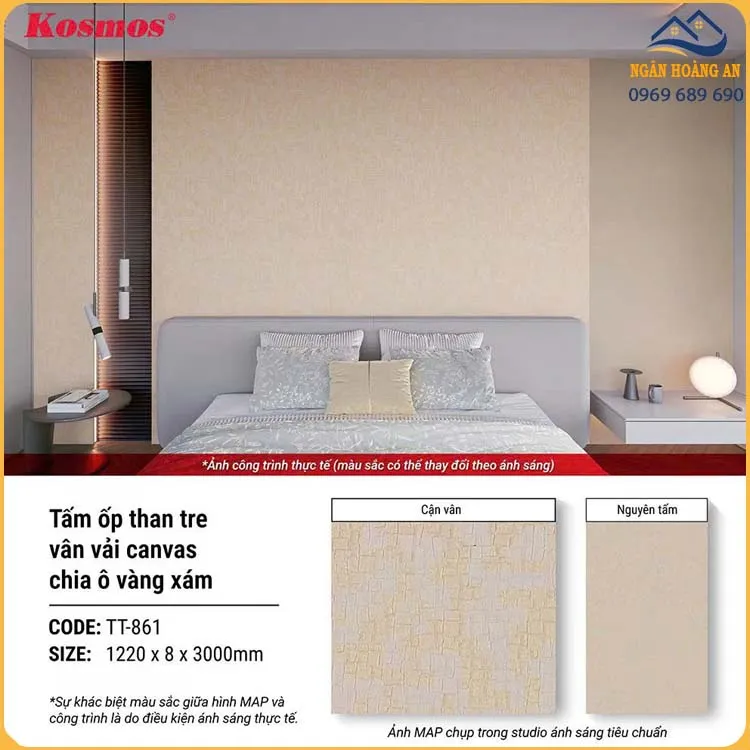 Tấm Ốp Than Tre Kosmos TT-861 Vân Vải Vàng Ánh Kim Chia Ô Xám