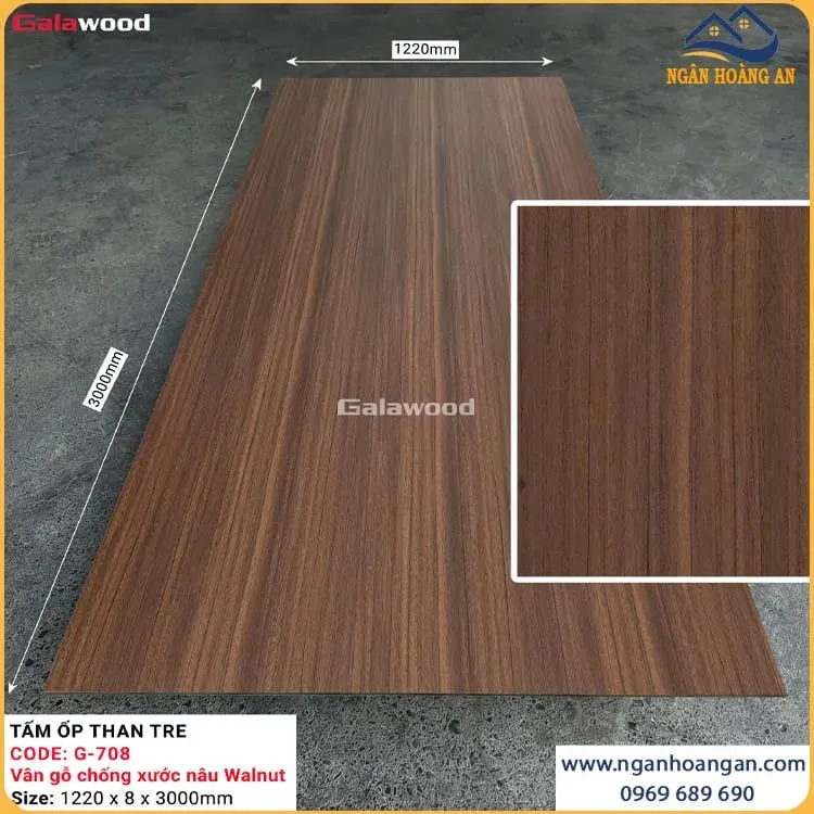 Tấm Ốp Than Tre Galawood 8mm G-708 Vân Gỗ Chống Xước Nâu Walnut