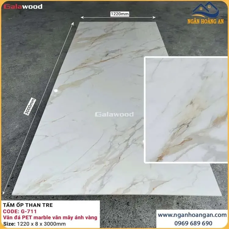 Tấm Ốp Than Tre Galawood Vân Đá PET Marble Vân Mây Ánh Vàng 8mm G-711