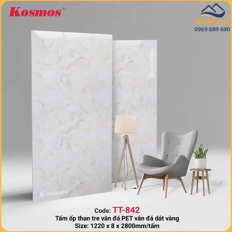 Ốp Tường Than Tre Vân Đá PET Dát Vàng Kosmos TT-842