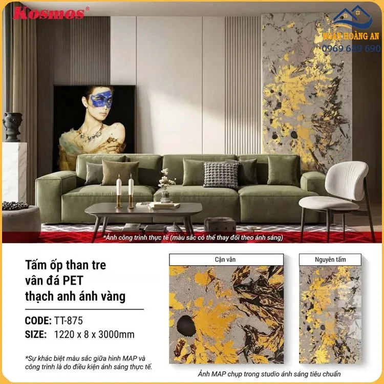 Ốp Tường Than Tre Vân Đá PET Thạch Anh Ánh Vàng Kosmos TT-875