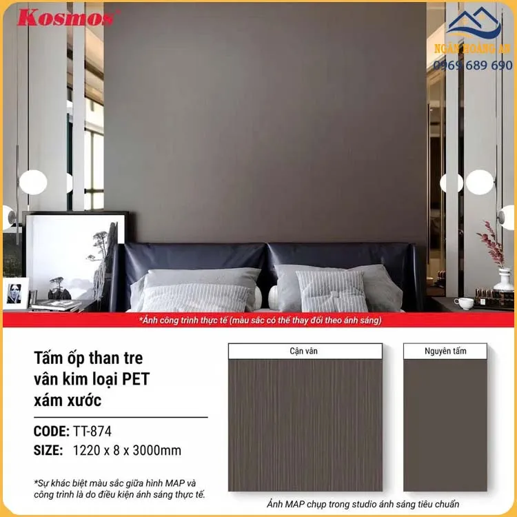 Tấm Ốp Than Tre Đa Năng Vân Kim Loại PET Xám Xước Kosmos TT-874