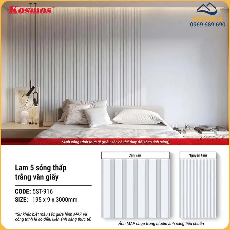 Tấm Nhựa Ốp Trần Lam 5 Sóng Màu Trắng Kosmos 5ST-916