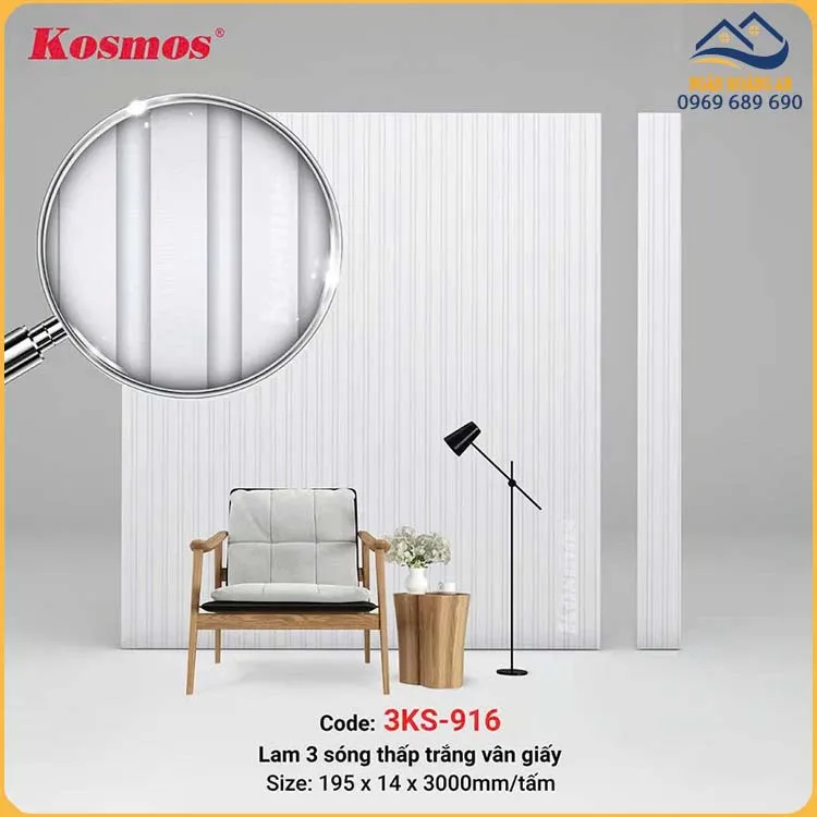 Tấm Nhựa Ốp Trần Lam 3 Sóng Chân Kép Kosmos 3SK-916