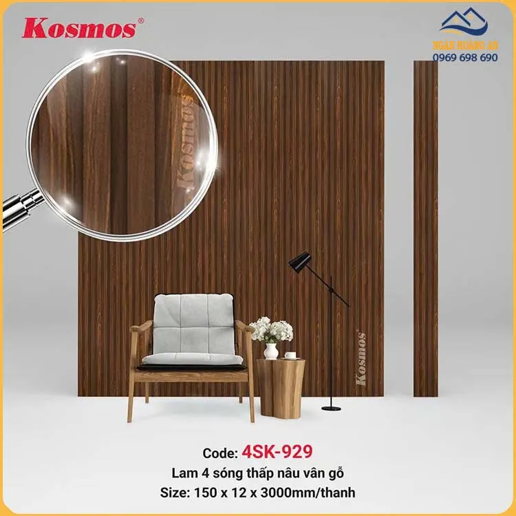 Tấm Nhựa Ốp Tường Lam 4 Sóng Kép Kosmos Giả Vân Gỗ 4SK-929