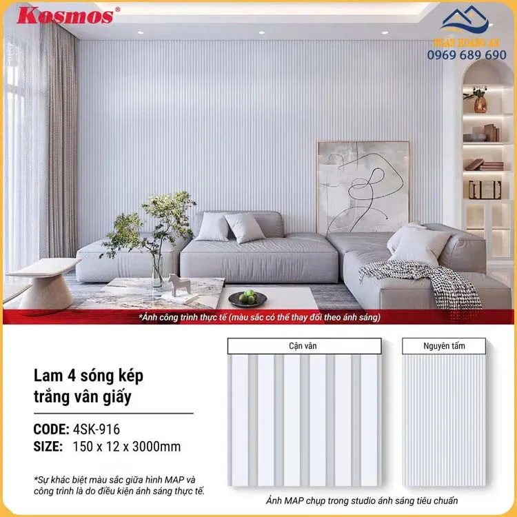 Tấm Ốp Tường Lam Sóng Kép Nhựa Vân Đơn Sắc Kosmos 4SK-916
