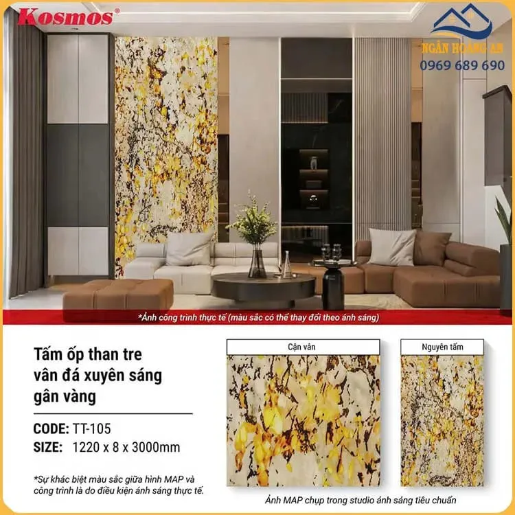 Tấm Ốp Tường Sợi Than Tre Kosmos Vân Đá PET Giả Xuyên Sáng Gân Vàng TT-105