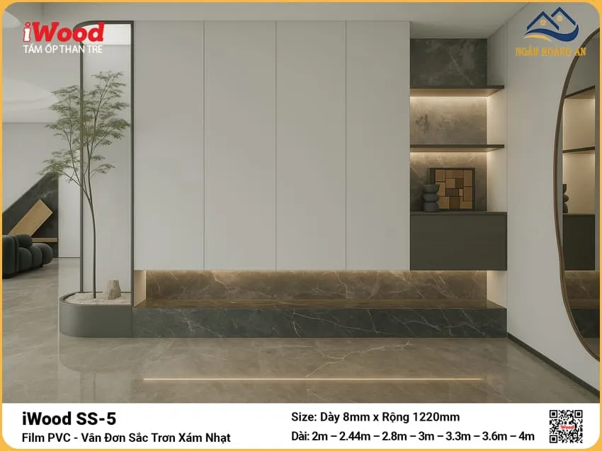 Tấm Ốp Sợi Than Tre Vân Đơn Sắc Trơn Xám Nhạt iWood SS-5