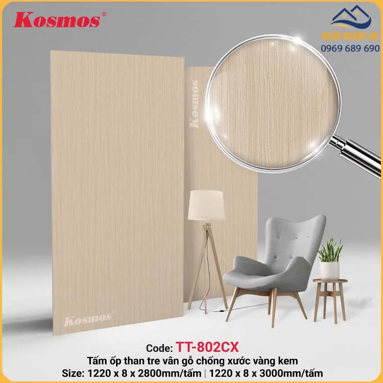 Ốp Trần Tấm Ốp Than Tre Vân Gỗ Vàng Kem Kosmos TT-802CX 