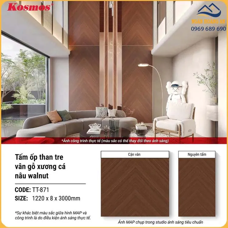 Tấm Ốp Tường Sợi Than Tre Vân Gỗ Xương Cá Nâu Kosmos TT-871